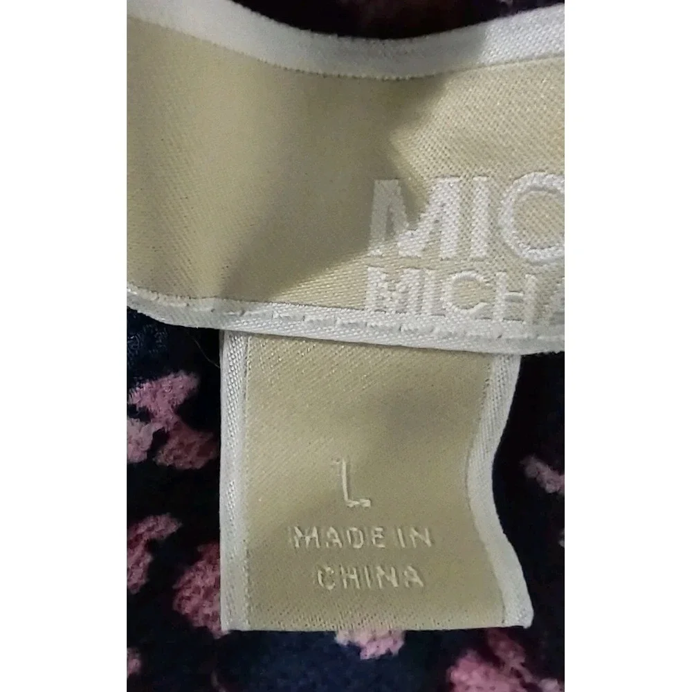 Michael Kors Blouse Women's Size L Short Sleeve Elastic Collar Navy Blue Floral